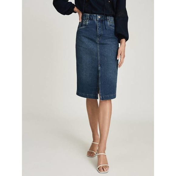Reiss Dresses & Skirts - Reiss Women's US Size 4 High Rise Myla Midi Skirt Denim Flat Front Blue NWT